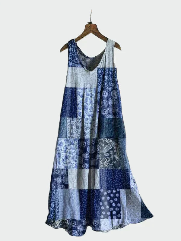 Vestido con Patrón de Patchwork Azul