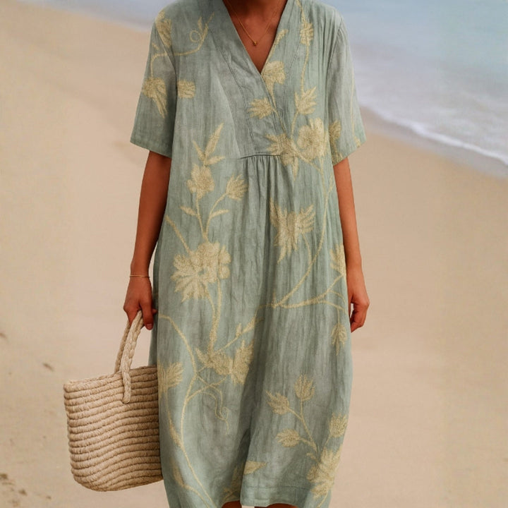Clementina - Vestido Azul-Gris con Bordado Floral