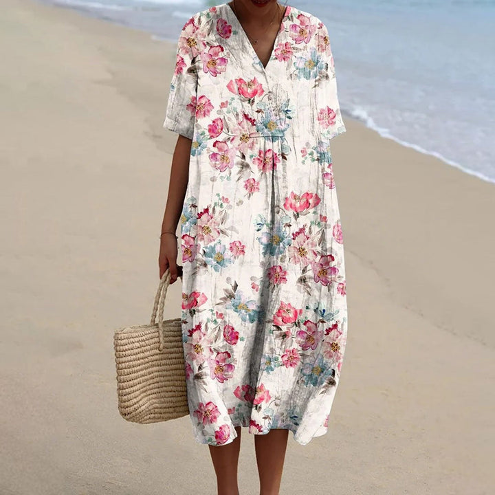 Sílvia - Vestido Floral Vintage Estilo Lino