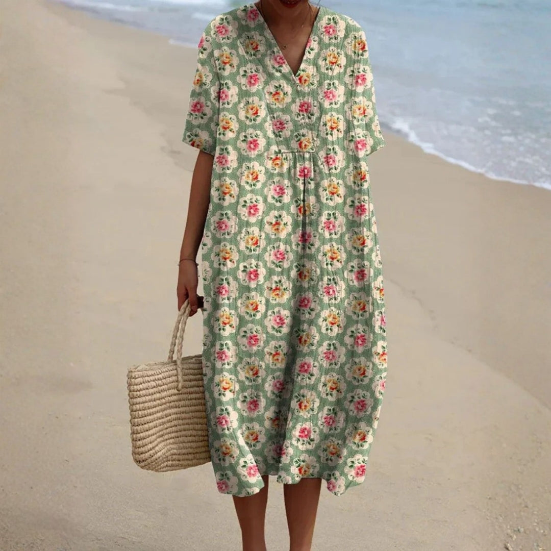 Eulállia - Vestido Floral Retro en Verde Agua