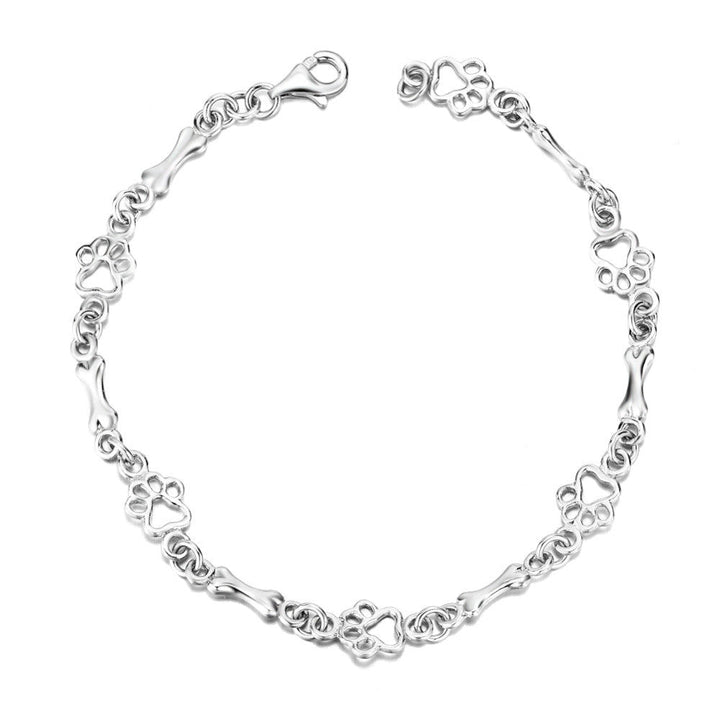 Pulsera con Patas de Perro Colgantes y Hueso de Plata Sin Tratamiento, Edición Limitada