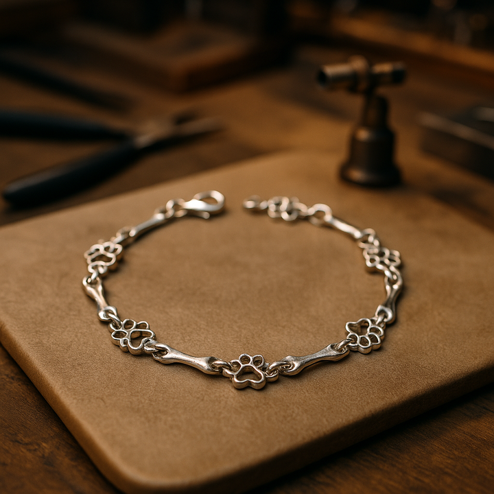 Pulsera con Patas de Perro Colgantes y Hueso de Plata Sin Tratamiento, Edición Limitada