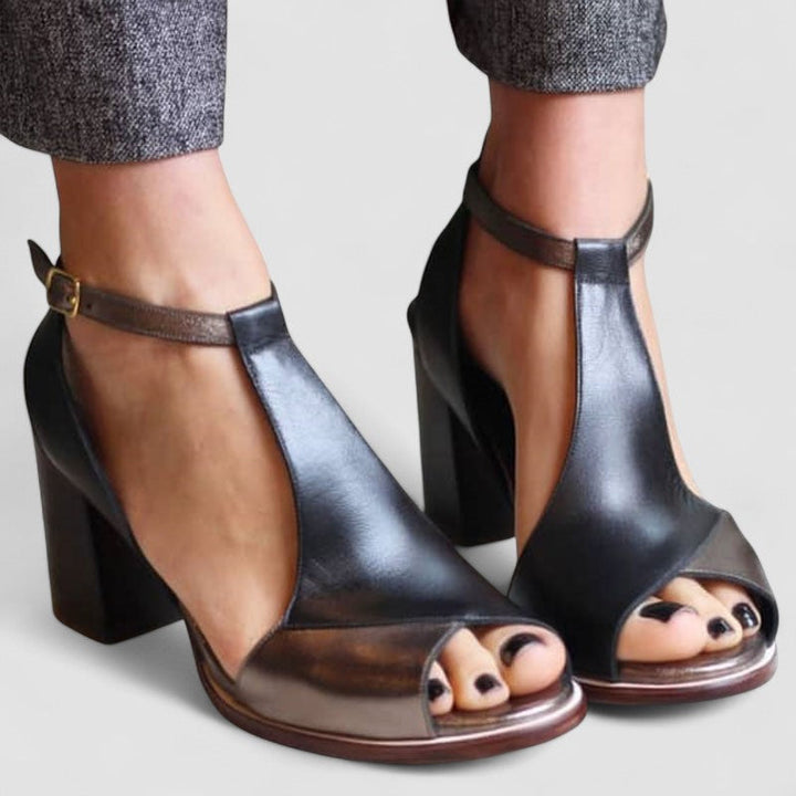 Nadaria - Sandalias negras con tacón alto y punta abierta en patchwork
