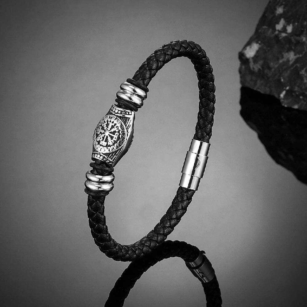 Pulsera de cuero trenzado negro Viking Compass