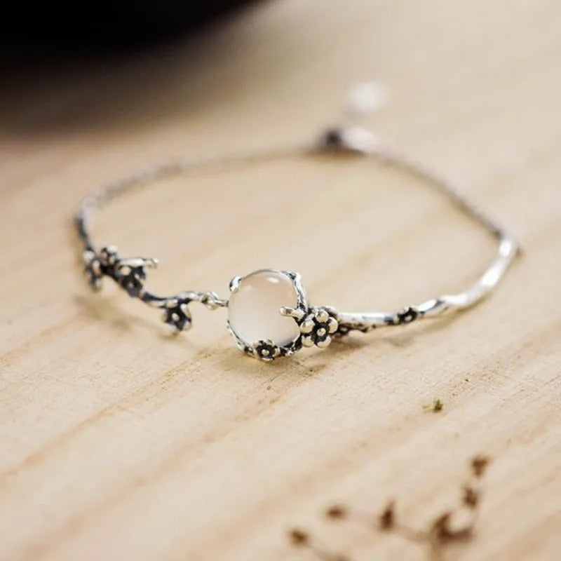 Pulsera retro de plata con rama de flores