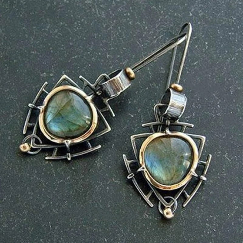 Pendientes retro en plata y oro con labradorita