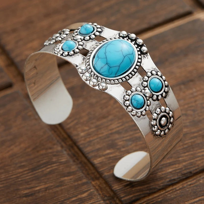 Pulsera retro abierta ajustable en plata y turquesa
