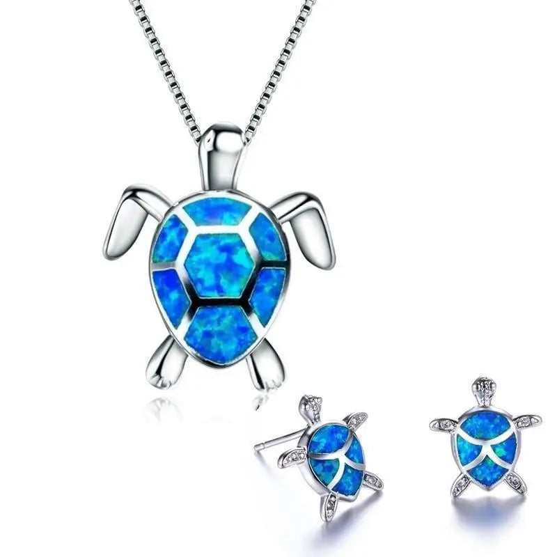Conjunto de Collar y Pendientes de Tortuga Marina en Opalina y Plata
