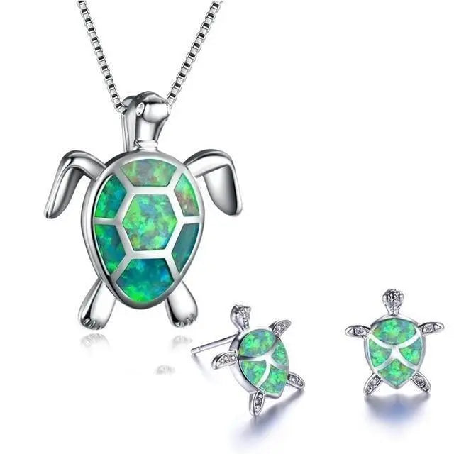 Conjunto de Collar y Pendientes de Tortuga Marina en Opalina y Plata