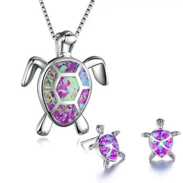 Conjunto de Collar y Pendientes de Tortuga Marina en Opalina y Plata