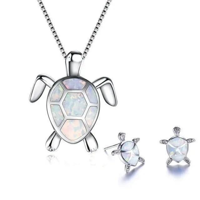 Conjunto de Collar y Pendientes de Tortuga Marina en Opalina y Plata