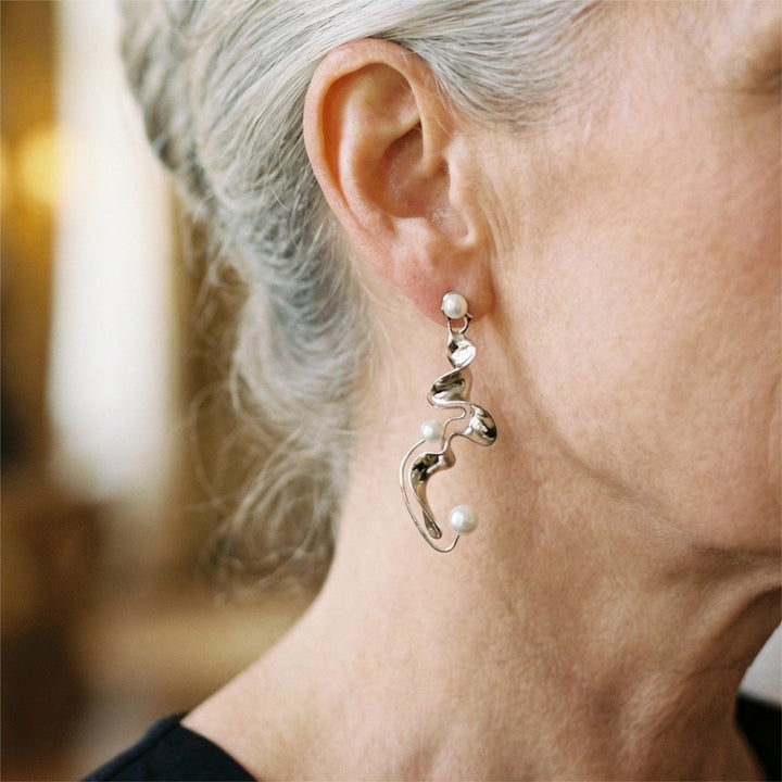 Pendientes abstractos vintage en plata con perlas