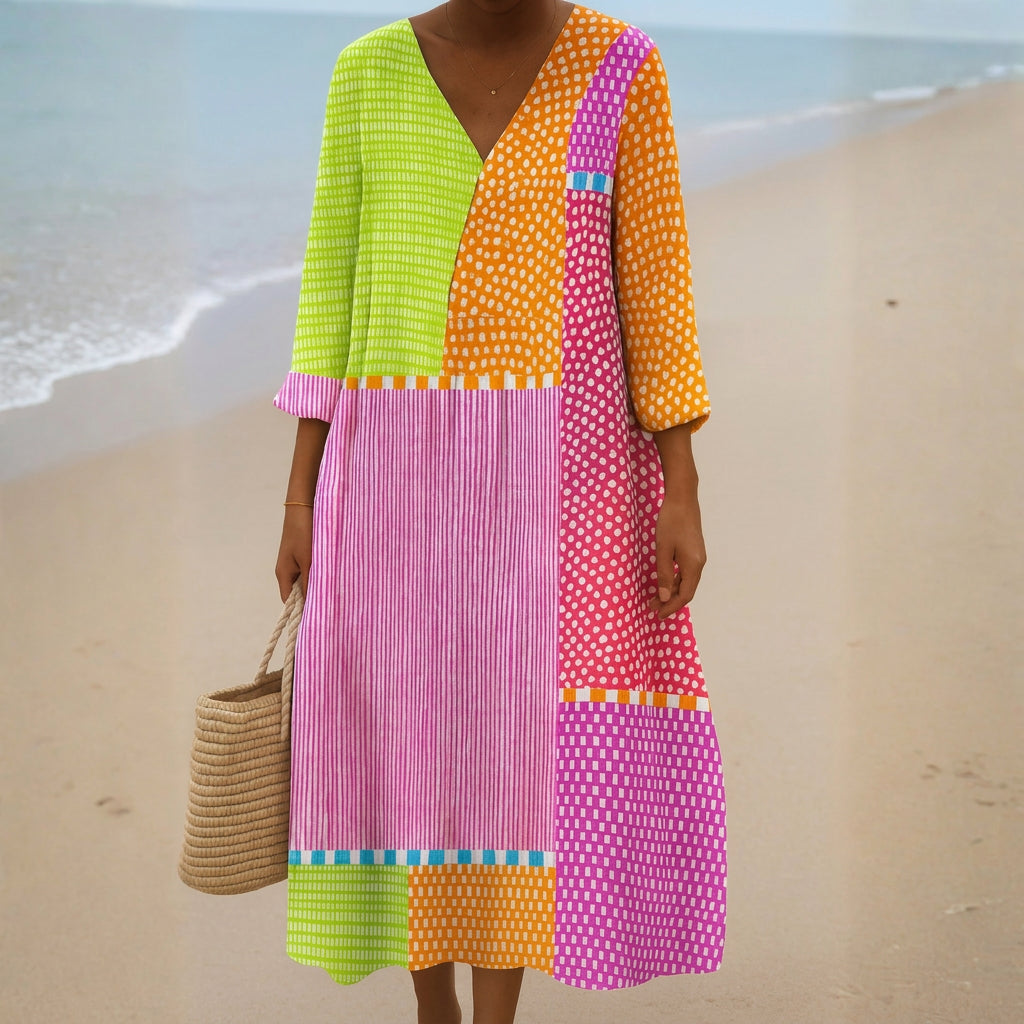 Fátima - Vestido de Patchwork Colorido con Bolitas y Rayas