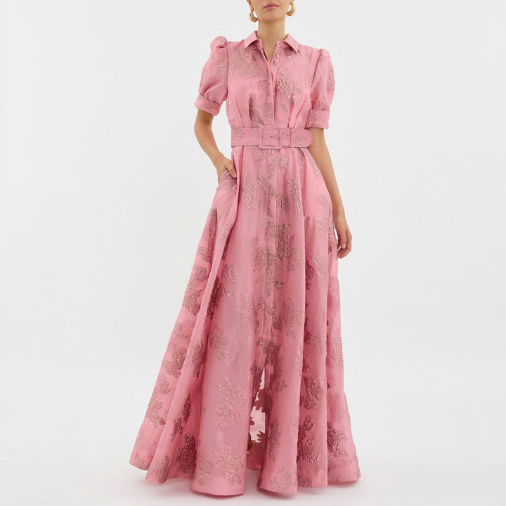 Matilde - Vestido Largo en Jacquard Floral con Cinturón