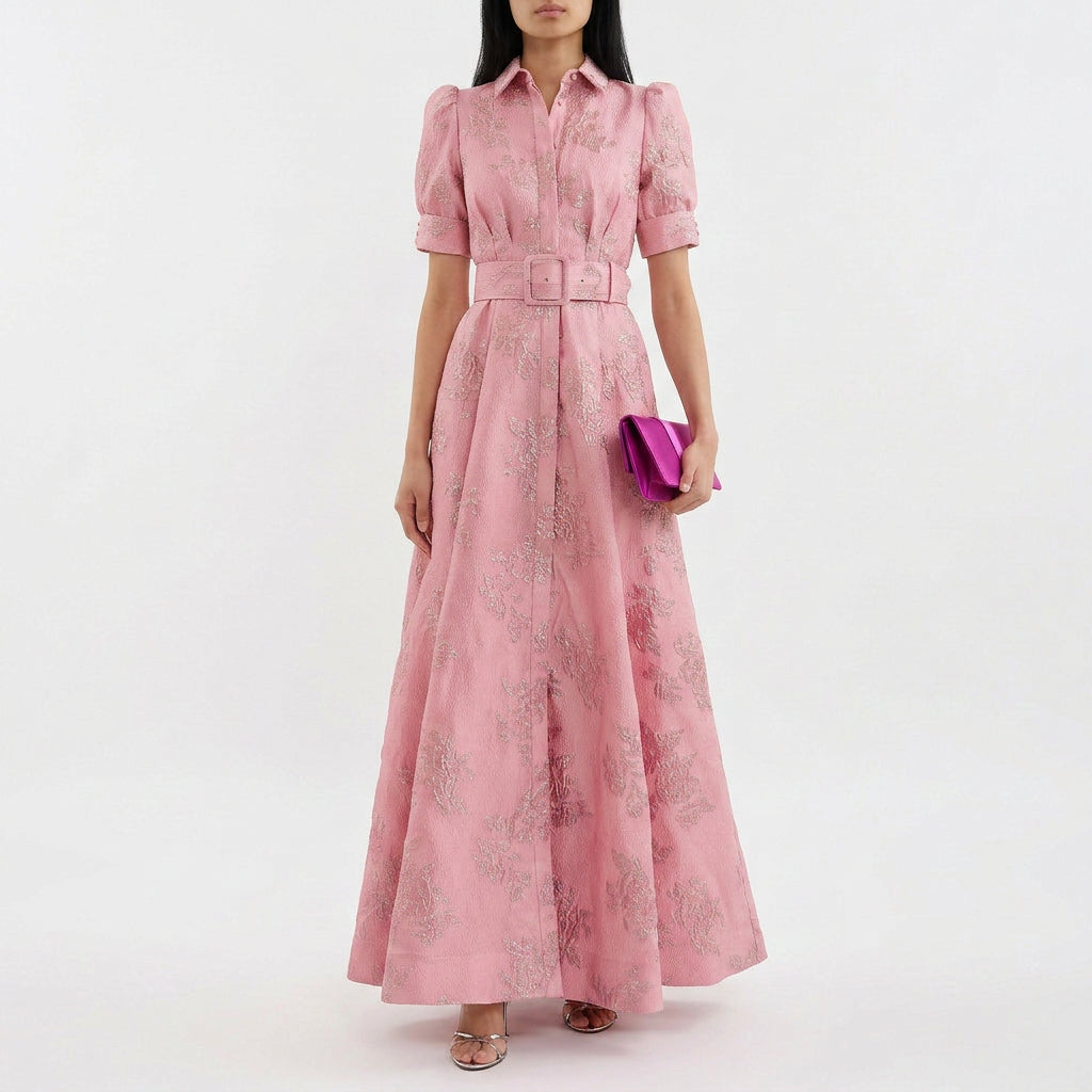 Matilde - Vestido Largo en Jacquard Floral con Cinturón