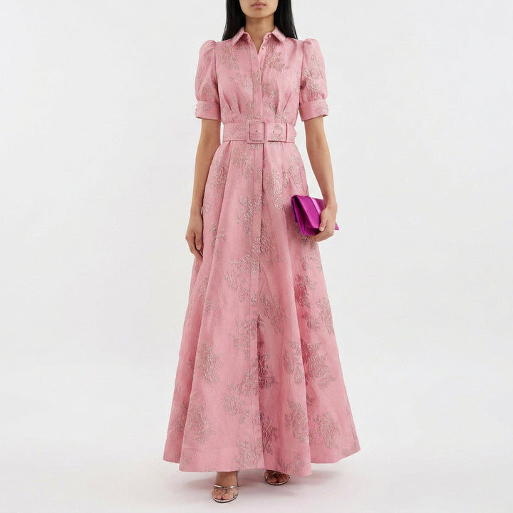 Matilde - Vestido Largo en Jacquard Floral con Cinturón