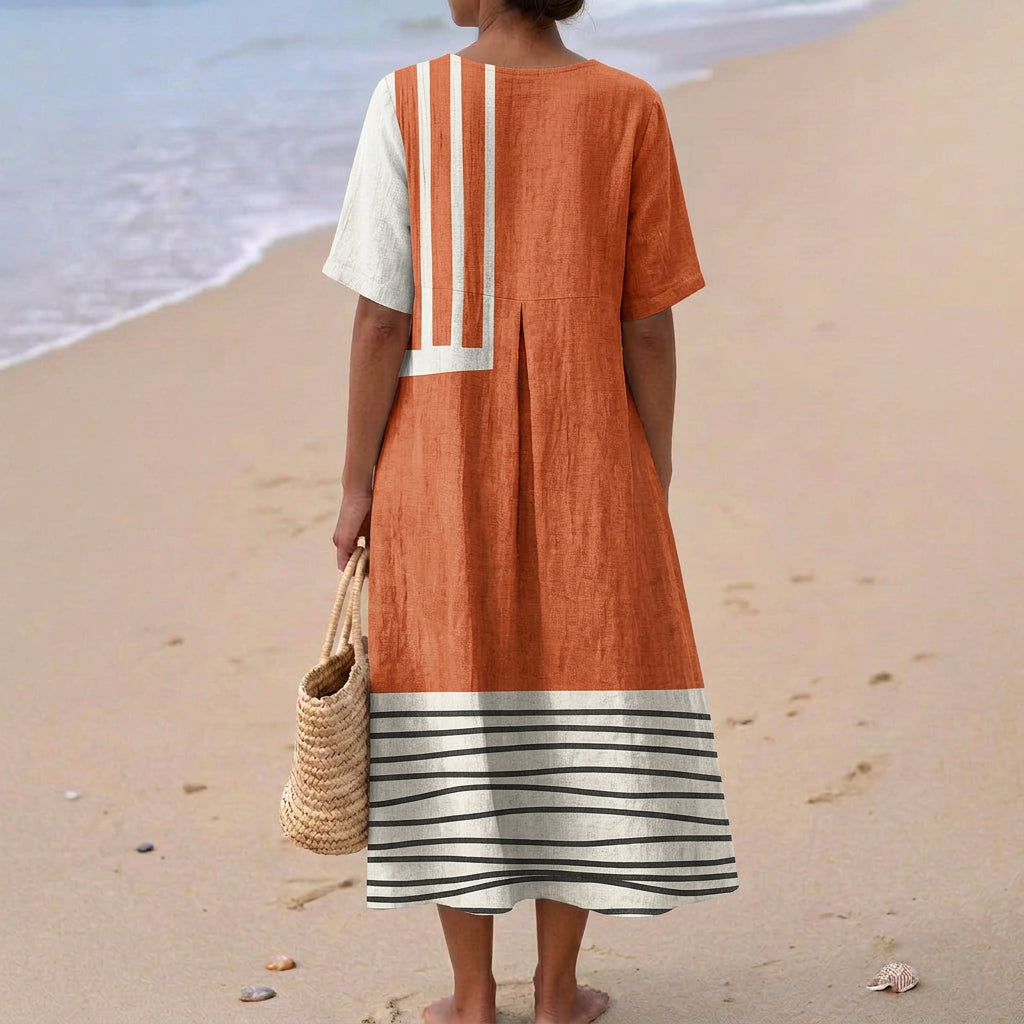 Selene - Vestido Terracota con Rayas Gráficas