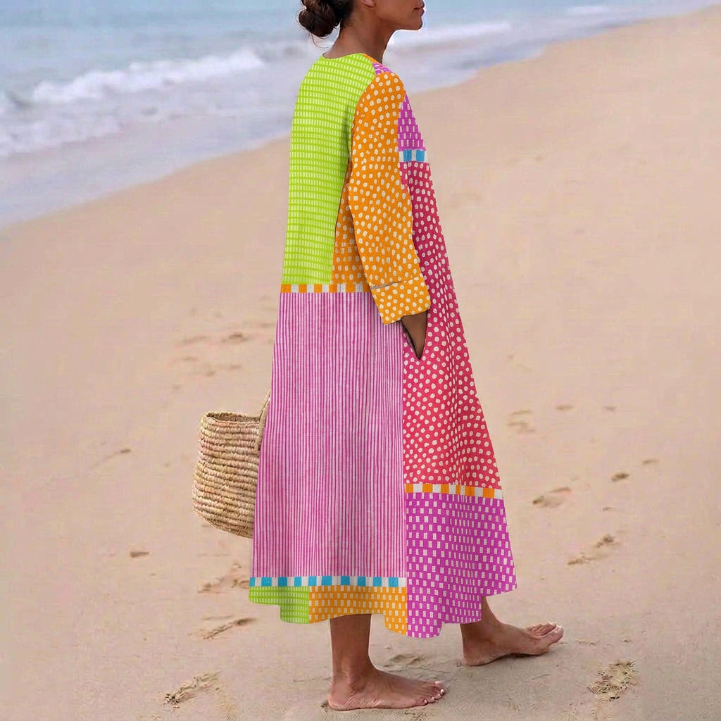 Fátima - Vestido de Patchwork Colorido con Bolitas y Rayas