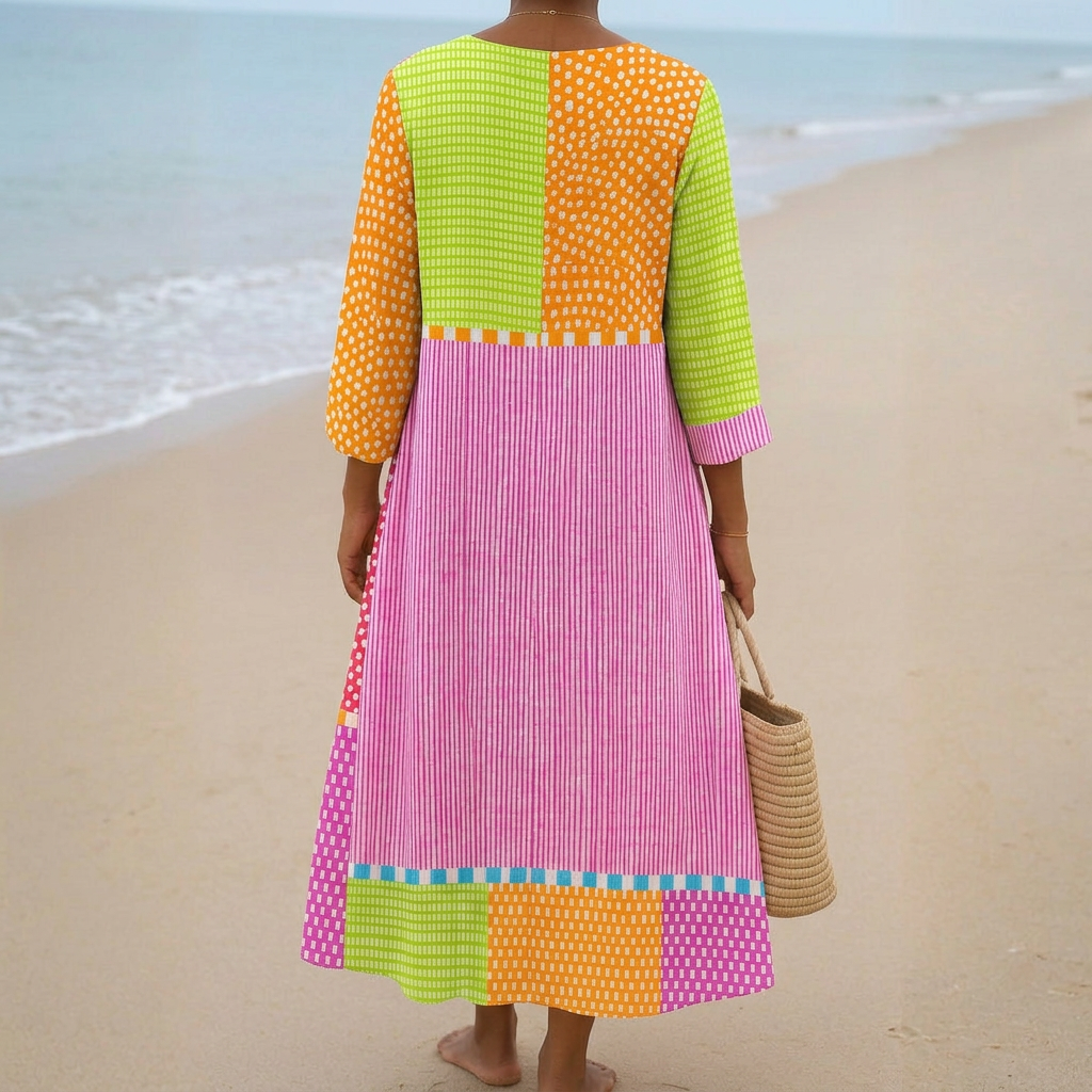 Fátima - Vestido de Patchwork Colorido con Bolitas y Rayas
