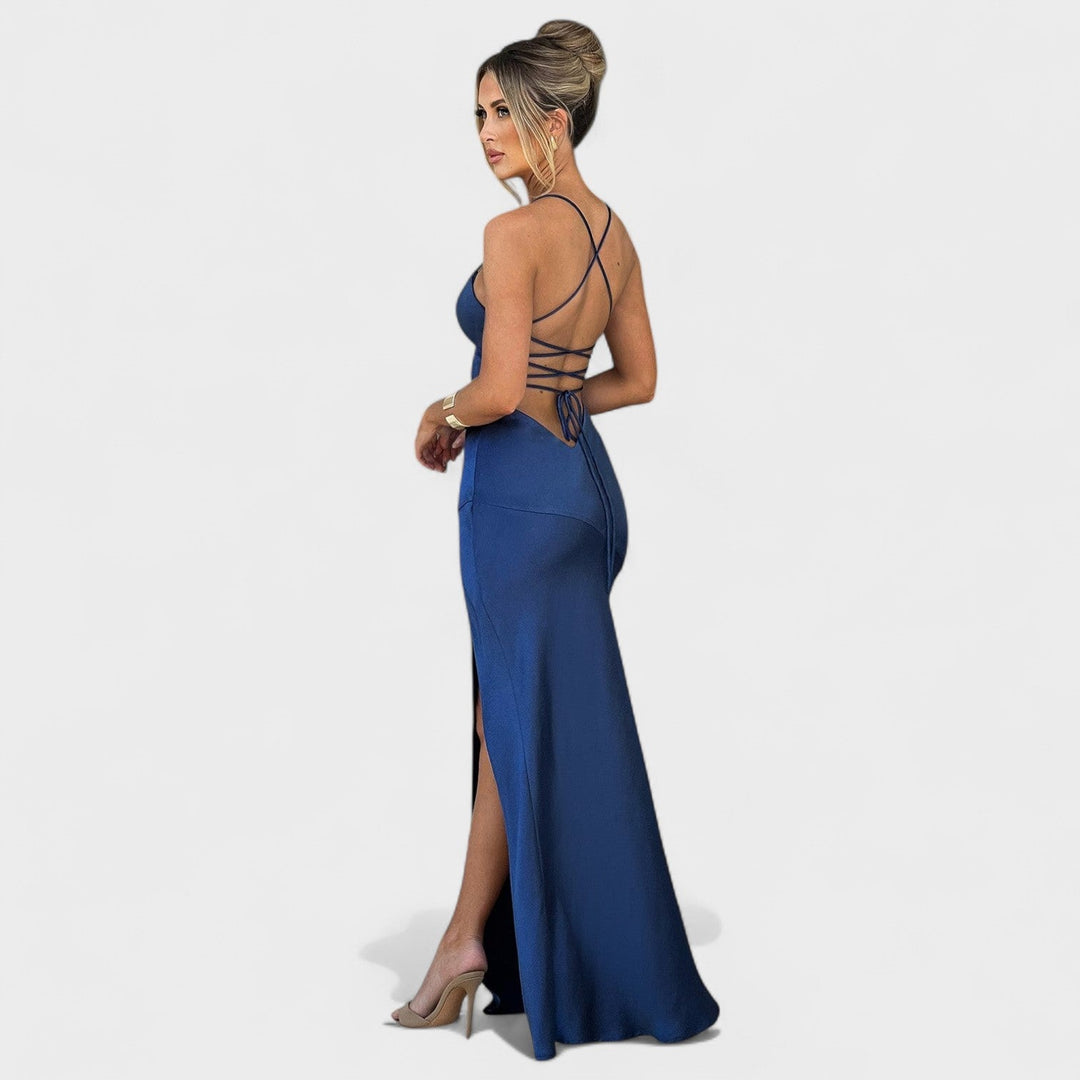 Elena - Vestido de satén azul medianoche