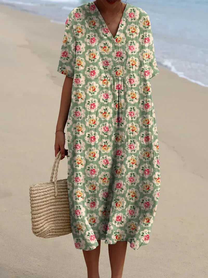 Eulállia - Vestido Floral Retro en Verde Agua