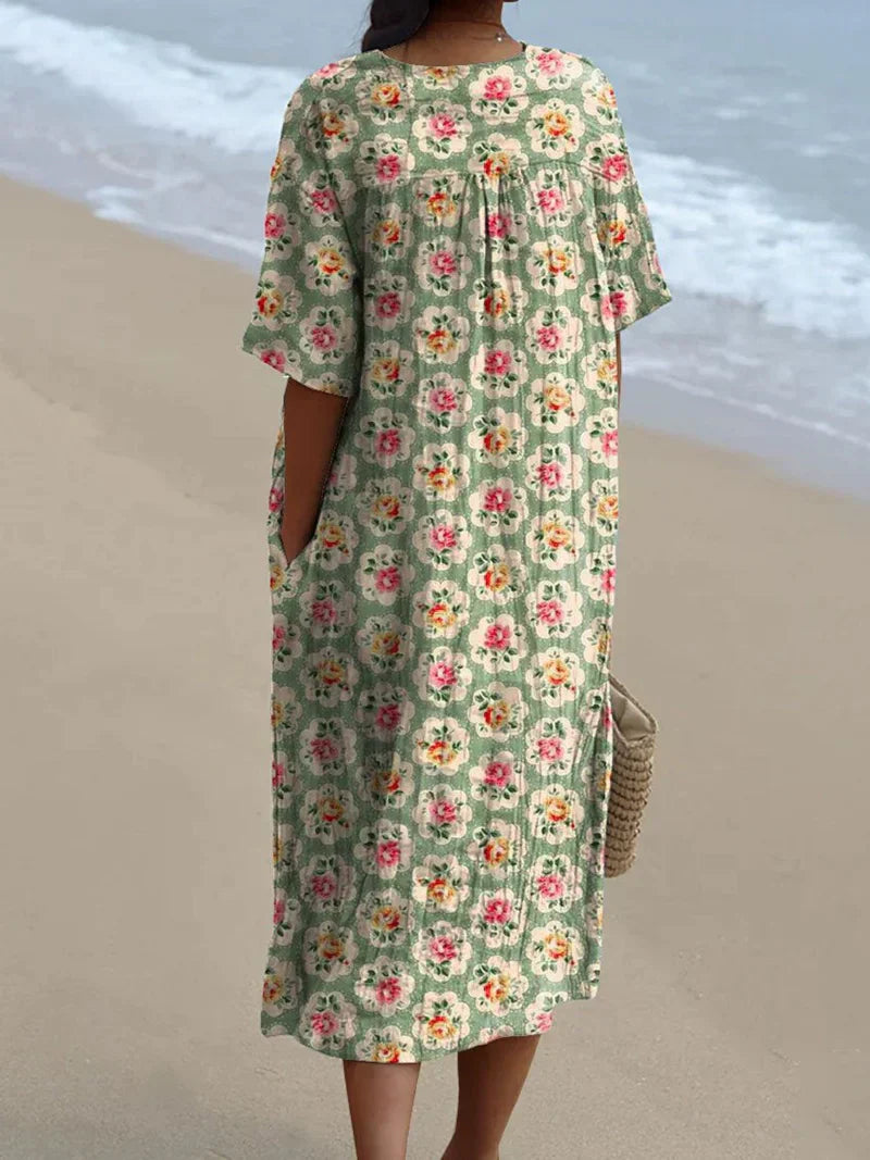 Eulállia - Vestido Floral Retro en Verde Agua